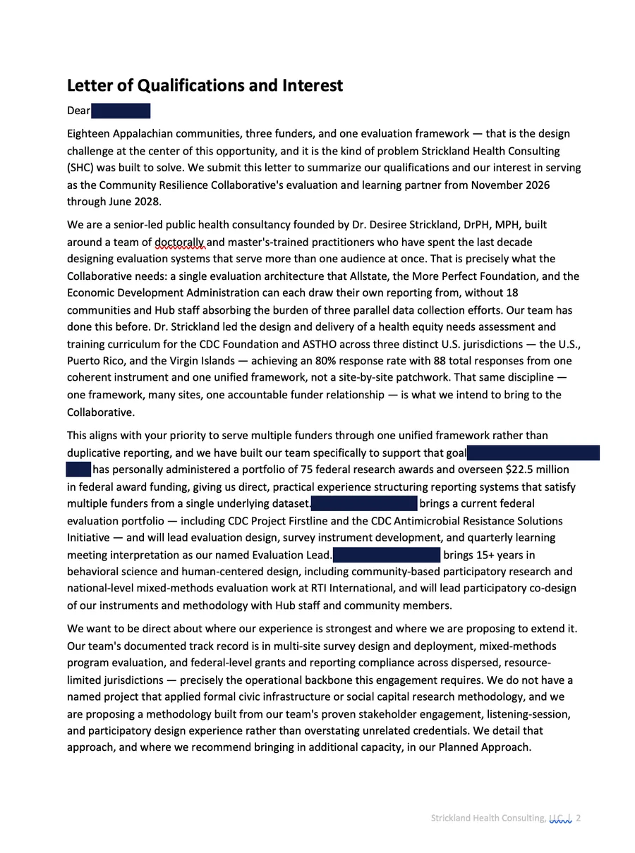 Letter of qualifications — sample page written by the RFP Writer